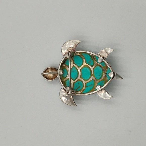 Sterling Silver Marcasite Sea Turtle Brooch/Pendant with Multistone Turquoise - Picture 4 of 4
